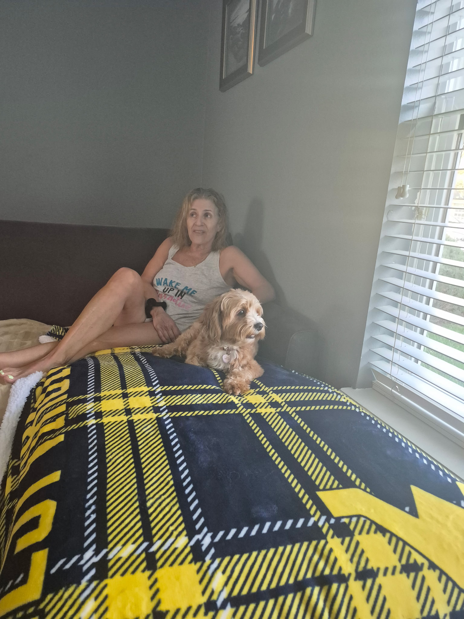 Home boarding owner sitting on a bed with a small dog